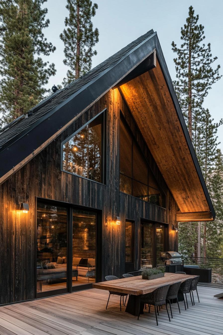 modern chalet with geometric facade in charred wood siding natural wood ceiling porch deck with patio furniture tall pine trees in the background 3