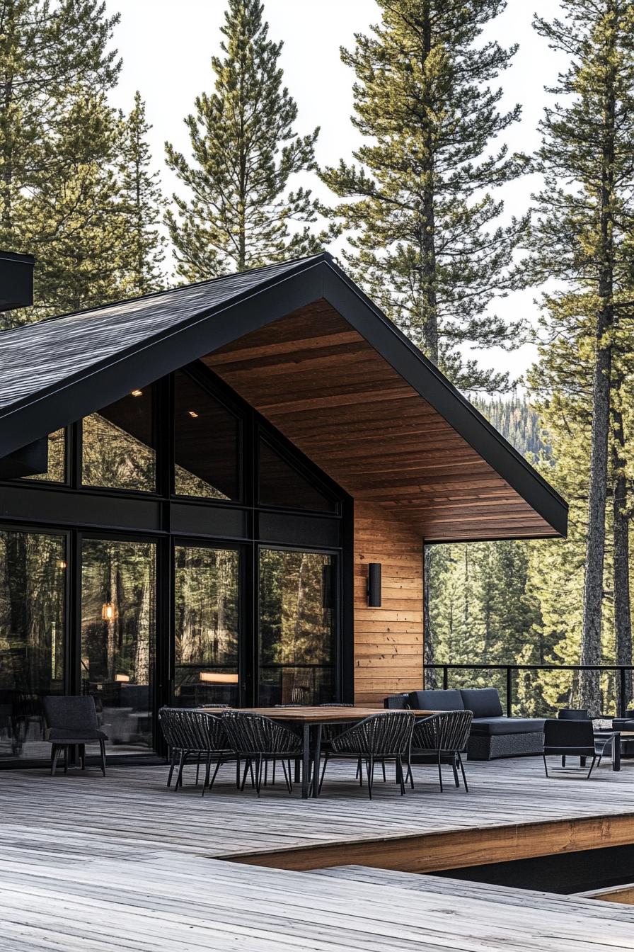 modern chalet with geometric facade in charred wood siding natural wood ceiling porch deck with patio furniture tall pine trees in the background