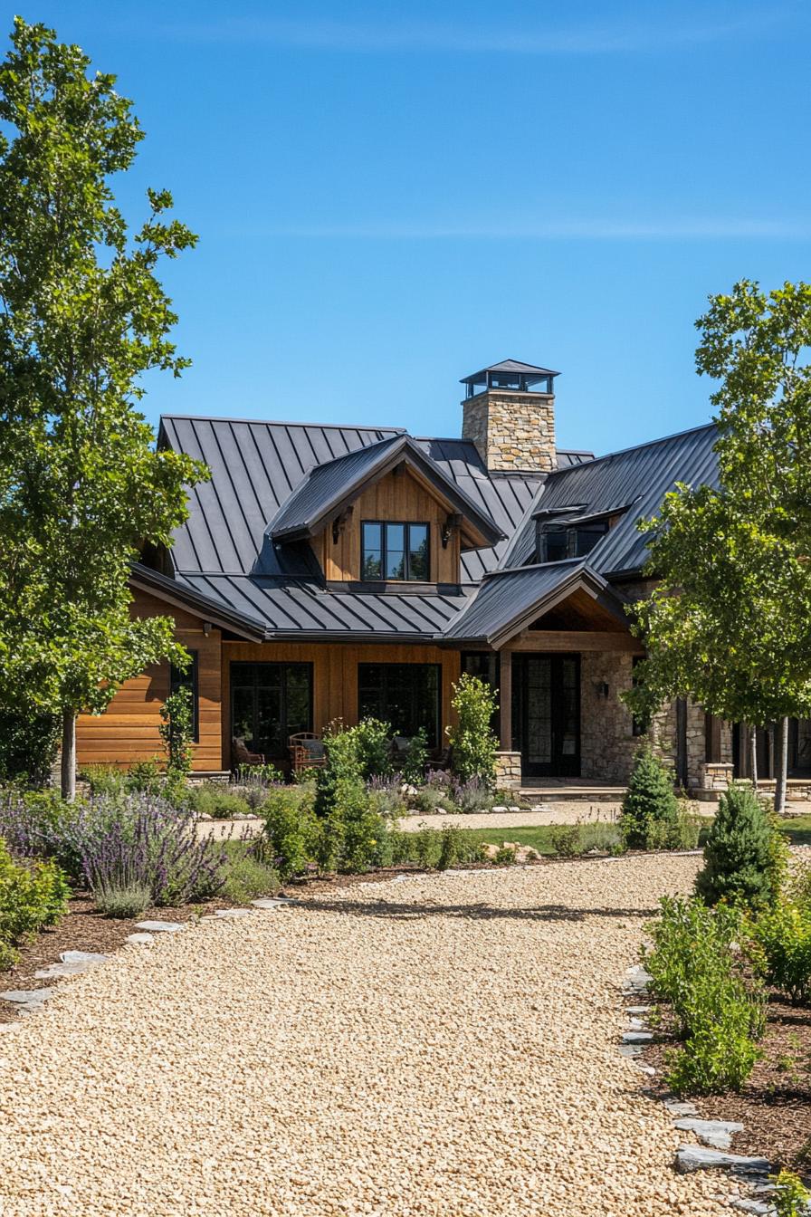 single story ranch house in rustic siding metal multi pitched roof with turrets gravel yard and young trees