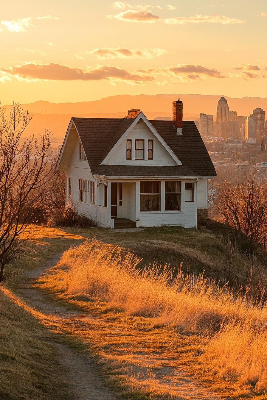 small cottage house on top of a hill with city skyline in the background