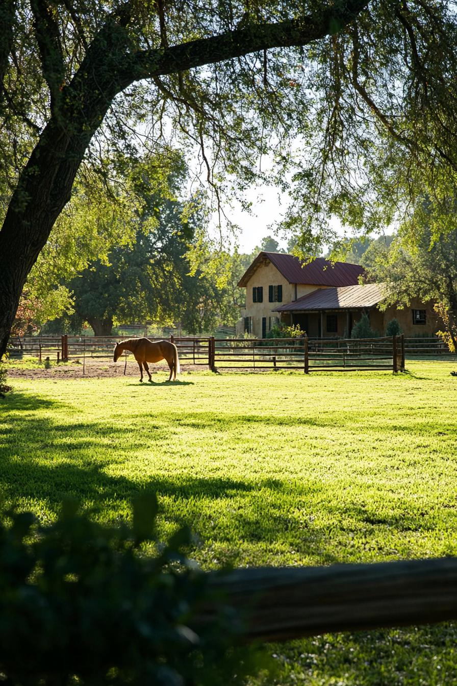 revived 1850s ranch green yard with horses up close