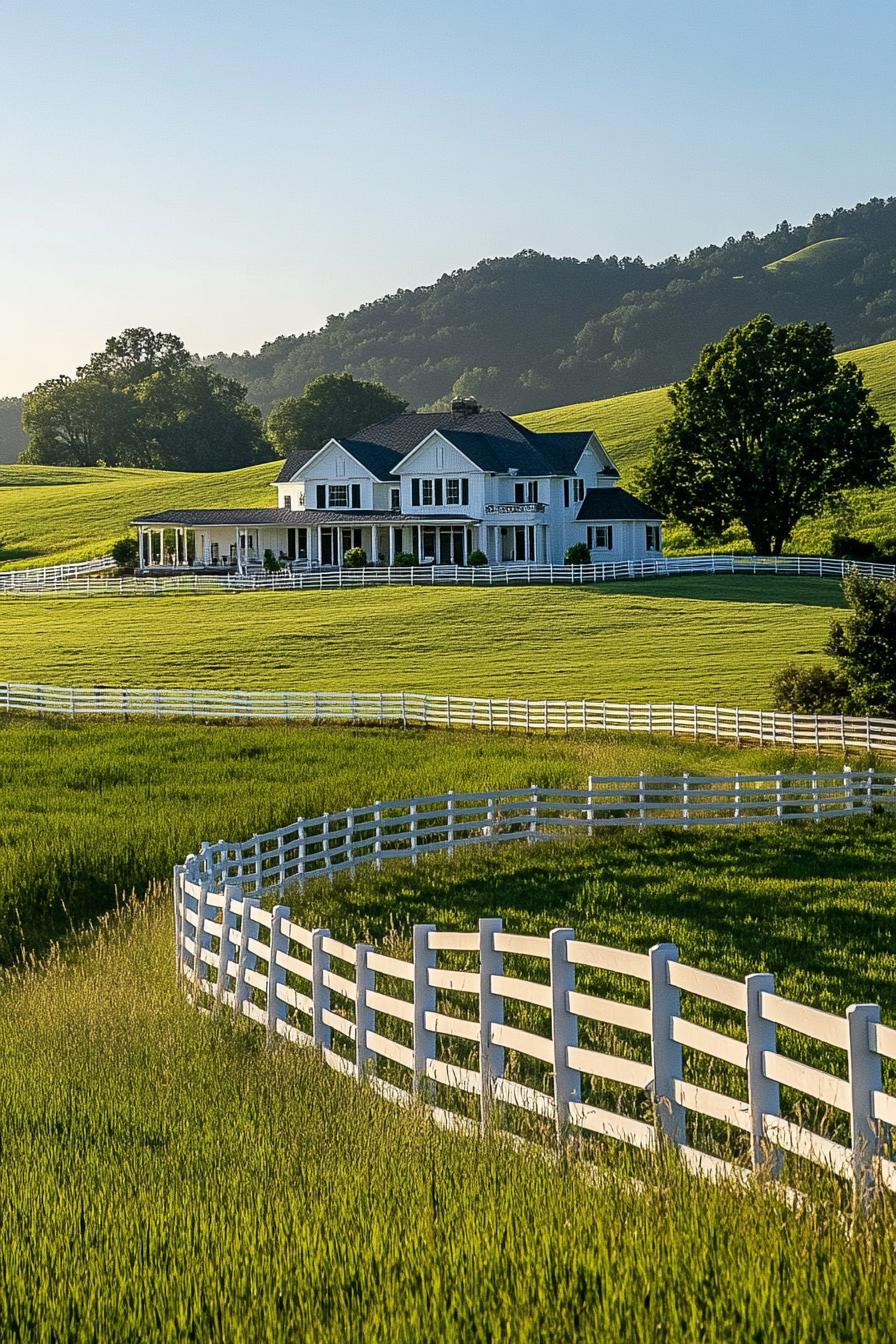 ranch mansion with green fields white ranch fences horses 2