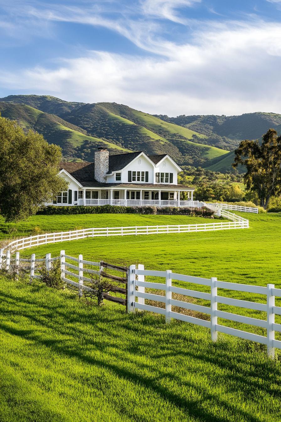 ranch mansion with green fields white ranch fences horses