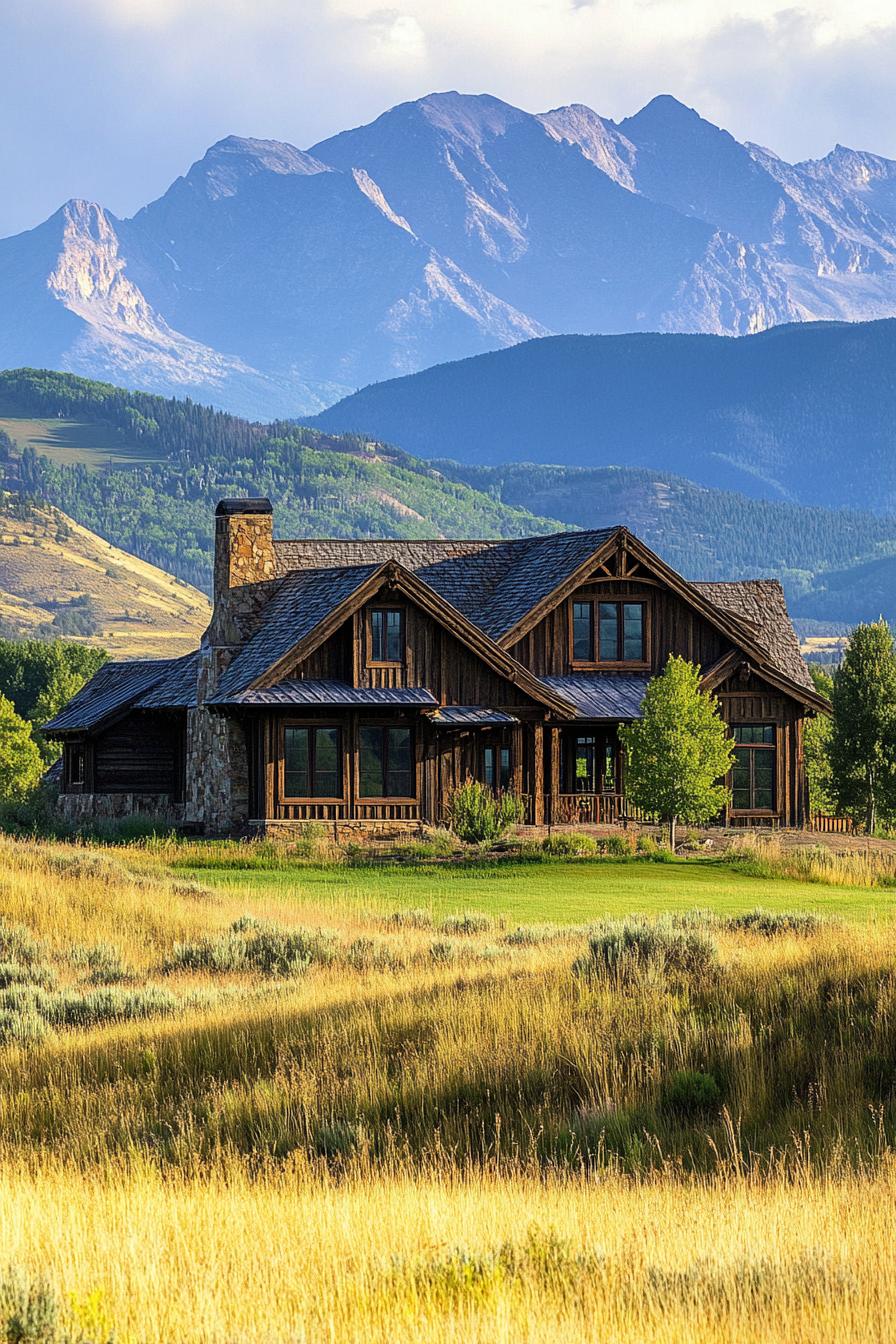 ranch house in rustic siding multi pitched roof landscape with grass and small pines Colorado mountains in the background 1