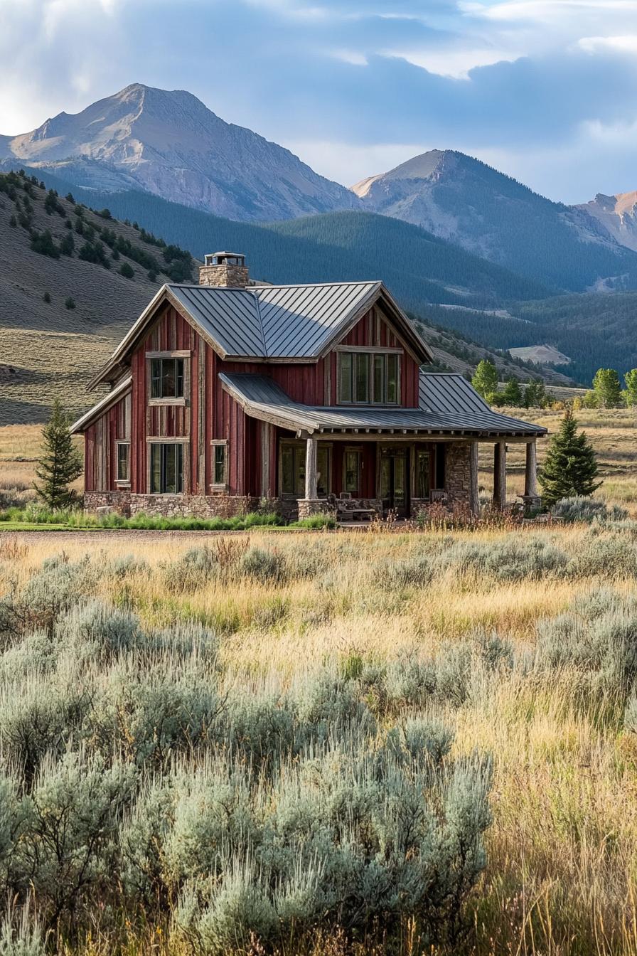 ranch house in rustic siding multi pitched roof landscape with grass and small pines Colorado mountains in the background