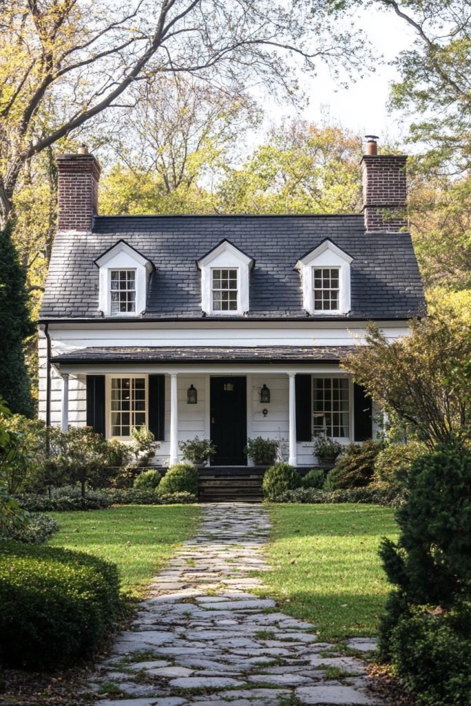 cottage house white slatted facade and black roof