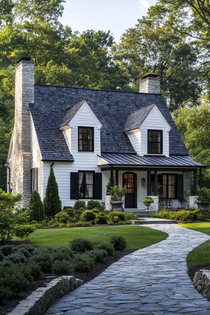 cottage house white slatted facade and black roof 2