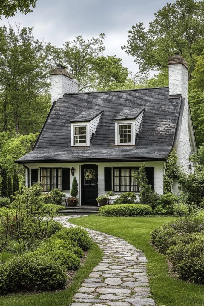 cottage house white slatted facade and black roof 3