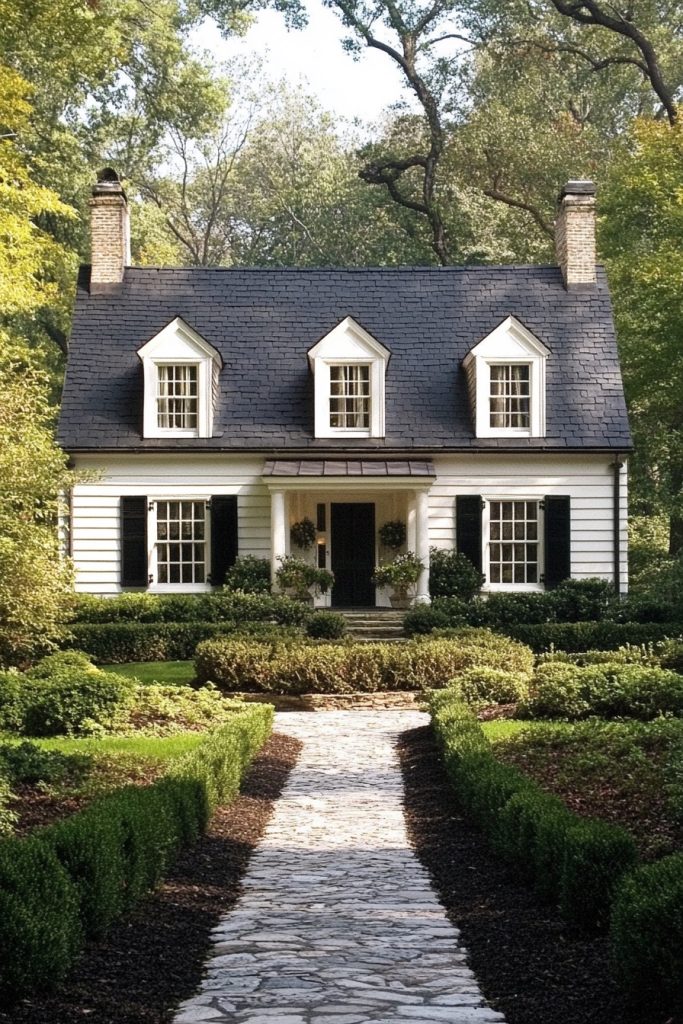 cottage house white slatted facade and black roof 4