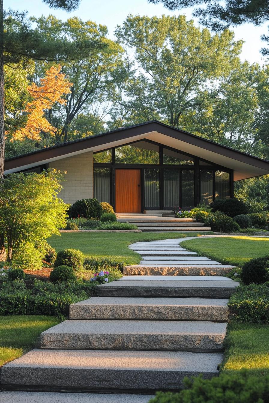 70s midcentury house facade with sharp angular rooflines front yard geometric pathways 1