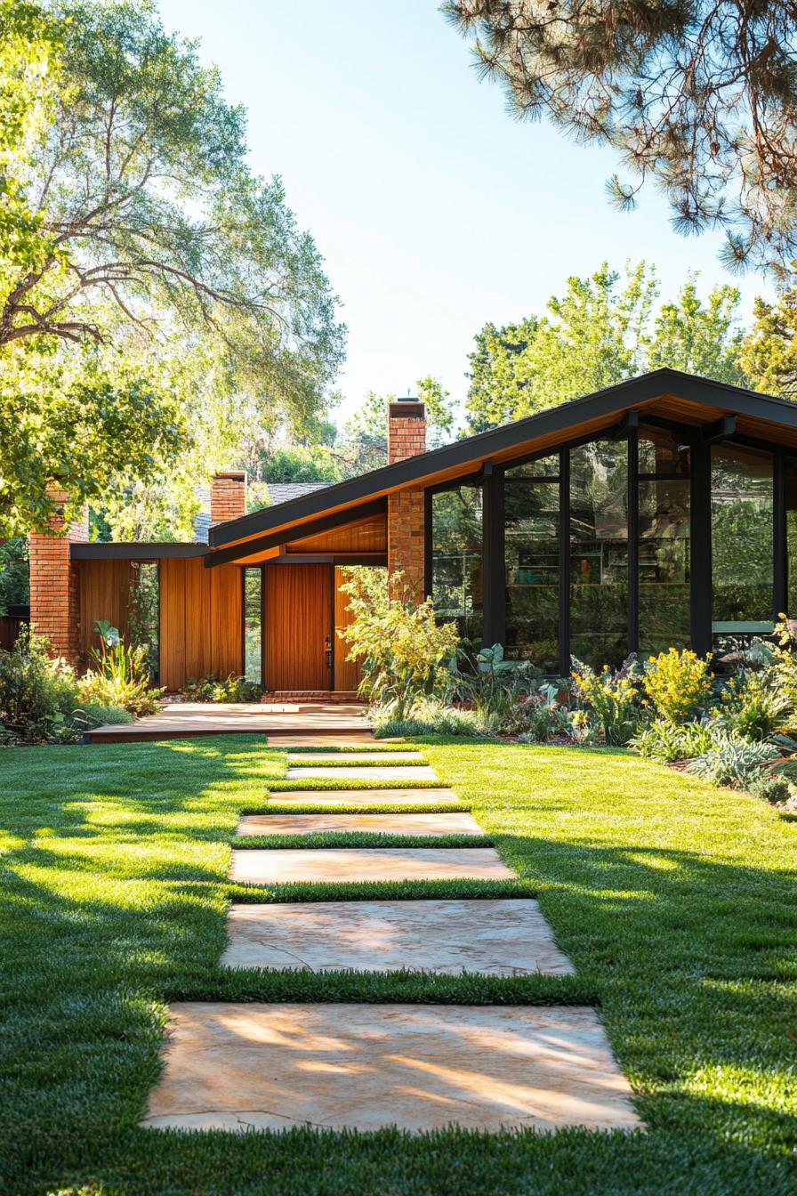 70s midcentury house facade with sharp angular rooflines front yard geometric pathways 2