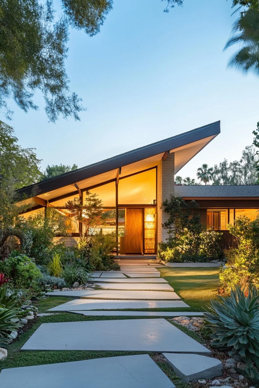 70s midcentury house facade with sharp angular rooflines front yard geometric pathways 3