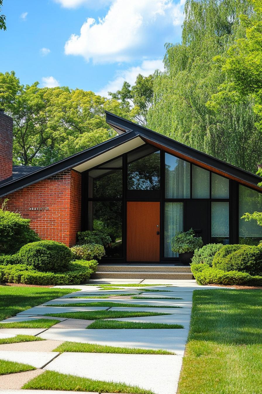 70s midcentury house facade with sharp angular rooflines front yard geometric pathways