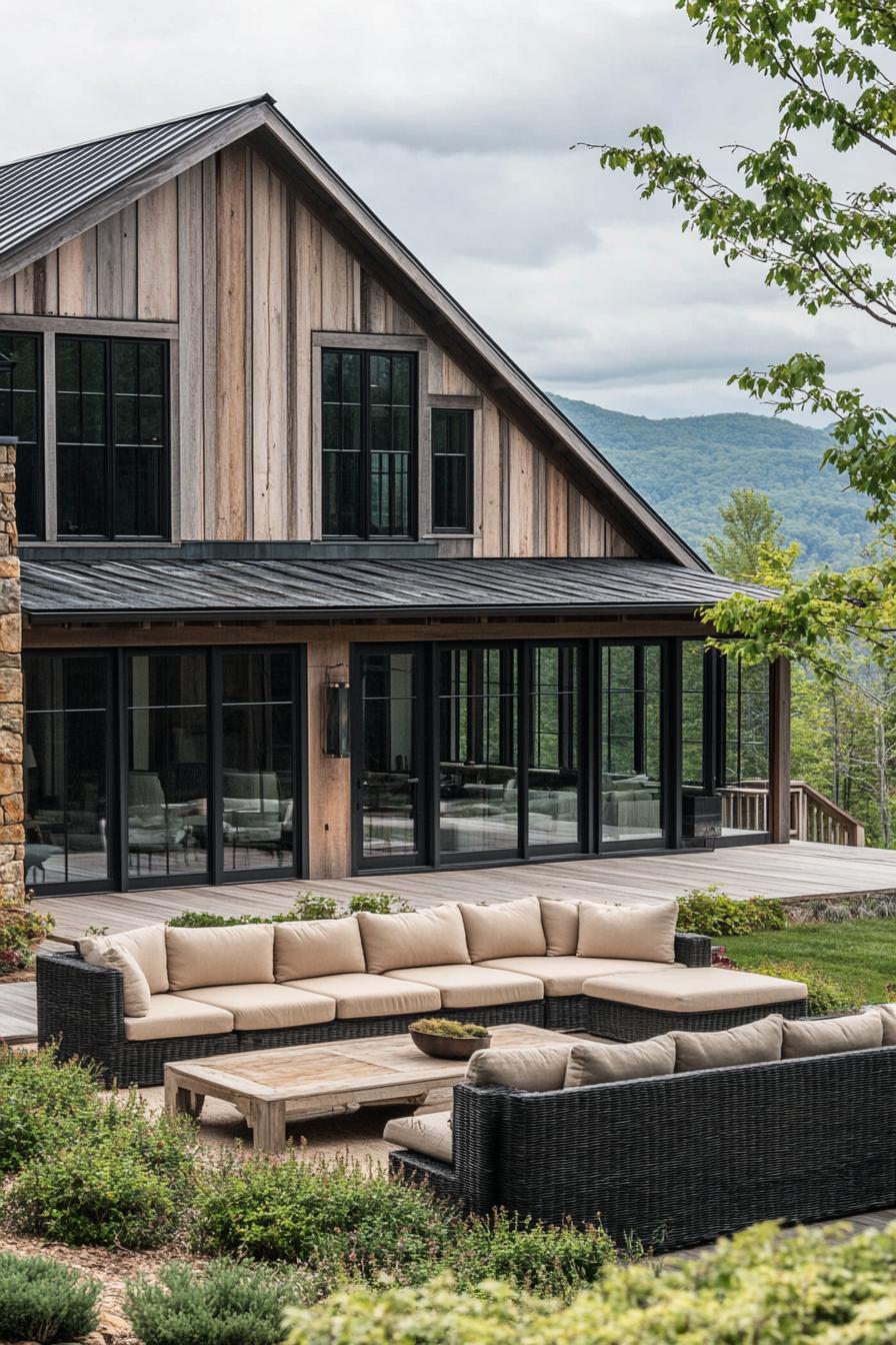 A large modern farmhouse style home with black steel windows and wood accents reclaimed wood siding. There is an outdoor patio area that has seating 1