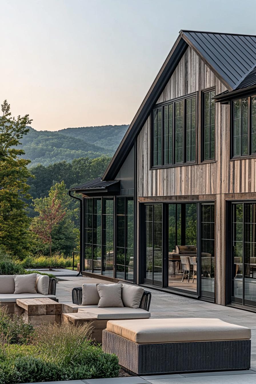 A large modern farmhouse style home with black steel windows and wood accents reclaimed wood siding. There is an outdoor patio area that has seating 2