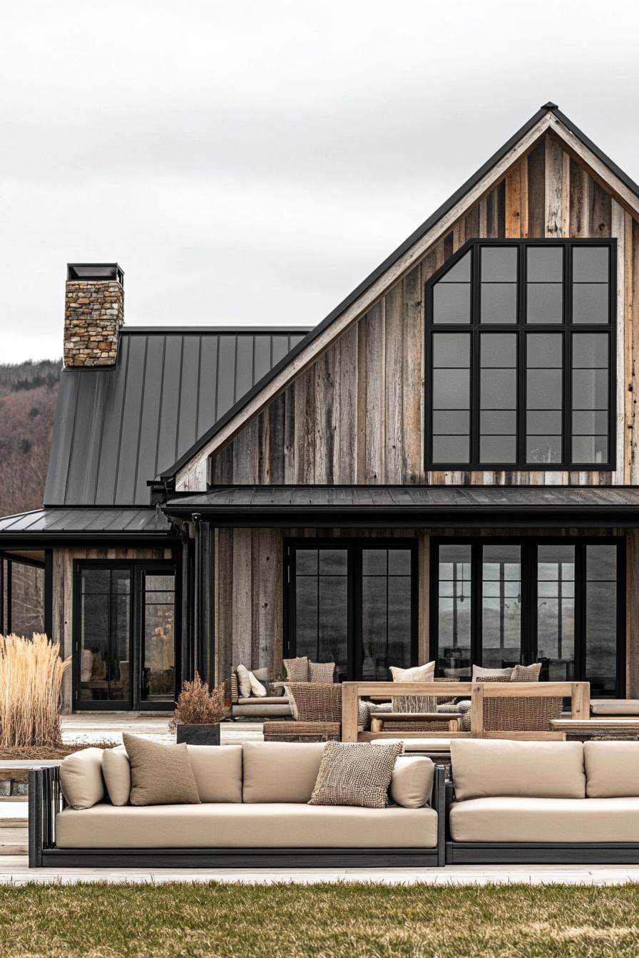 A large modern farmhouse style home with black steel windows and wood accents reclaimed wood siding. There is an outdoor patio area that has seating 3