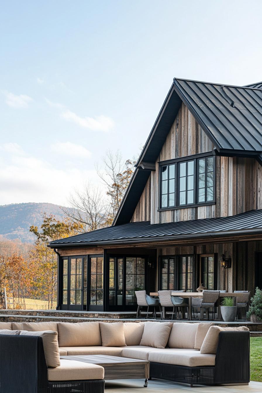 A large modern farmhouse style home with black steel windows and wood accents reclaimed wood siding. There is an outdoor patio area that has seating