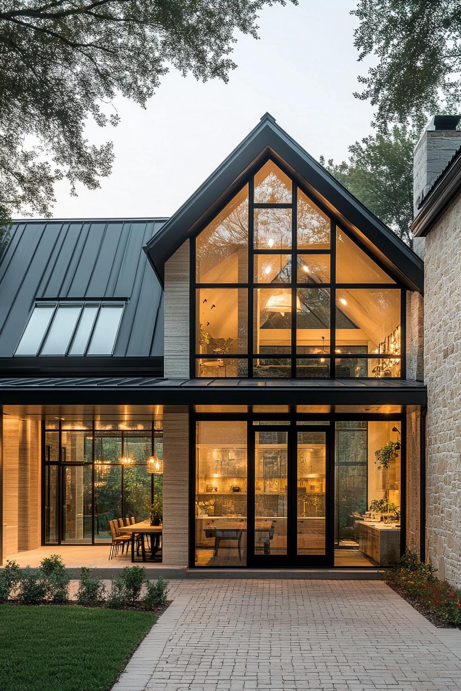 A two story modern glass house forms the central atrium supported by a black steel frame. The gabled grey metal roof and floor to ceiling windows 1