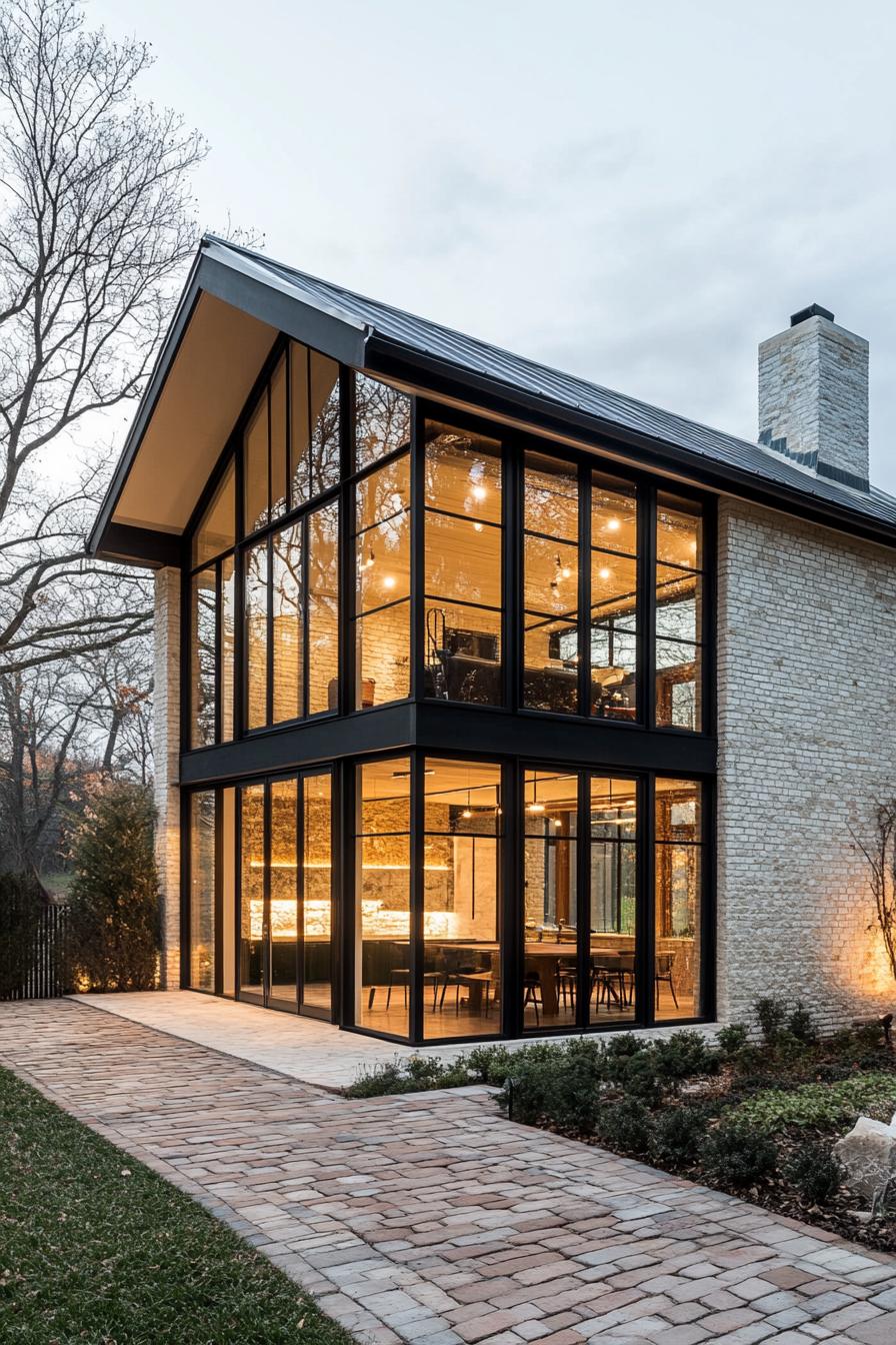 A two story modern glass house forms the central atrium supported by a black steel frame. The gabled grey metal roof and floor to ceiling windows 2