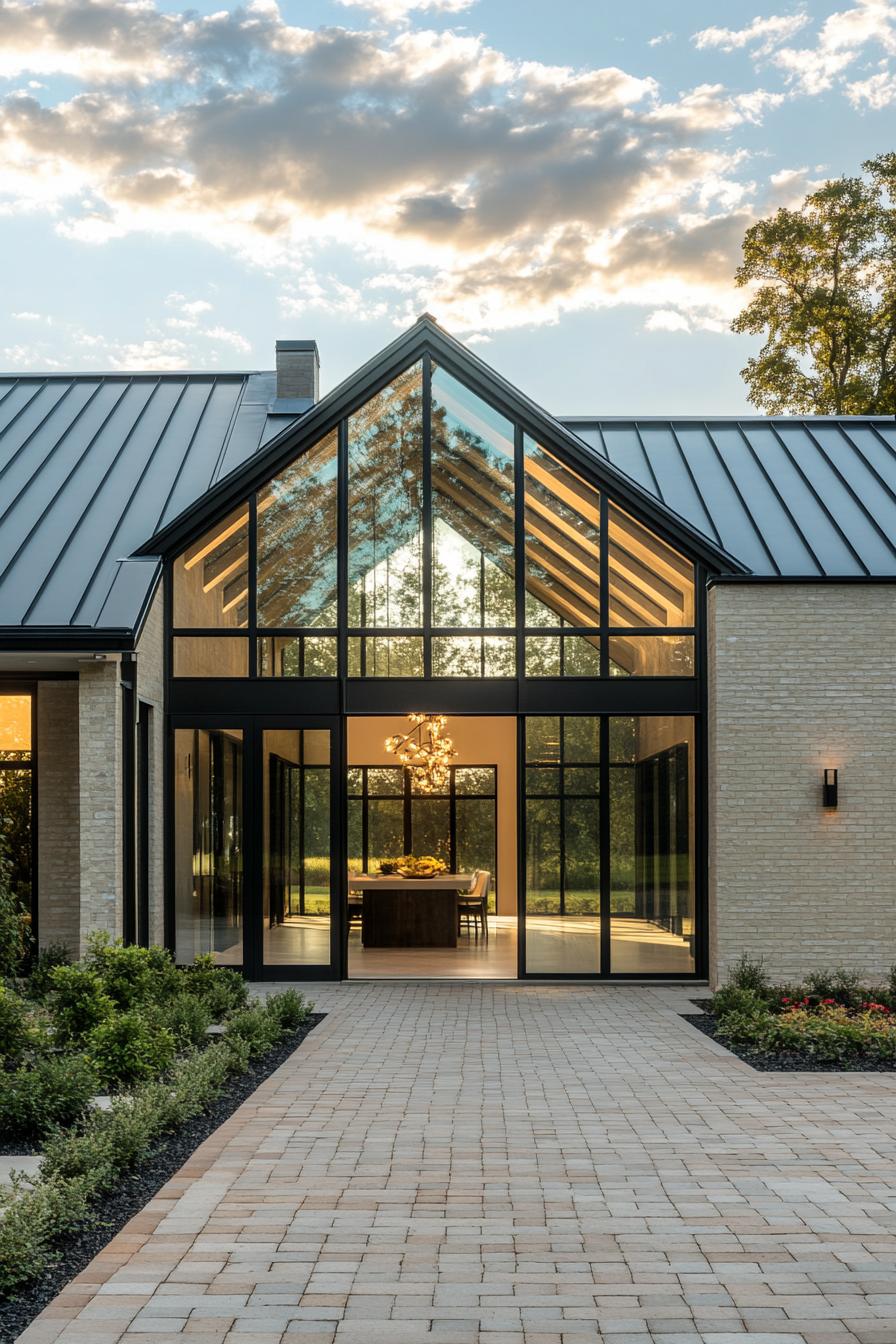 A two story modern glass house forms the central atrium supported by a black steel frame. The gabled grey metal roof and floor to ceiling windows 3