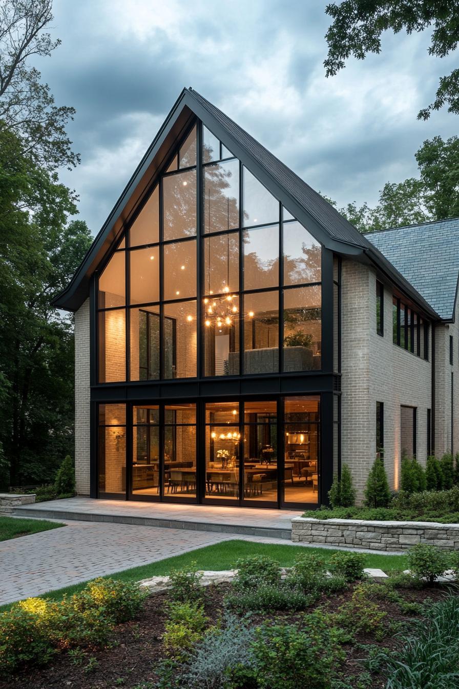 A two story modern glass house forms the central atrium supported by a black steel frame. The gabled grey metal roof and floor to ceiling windows