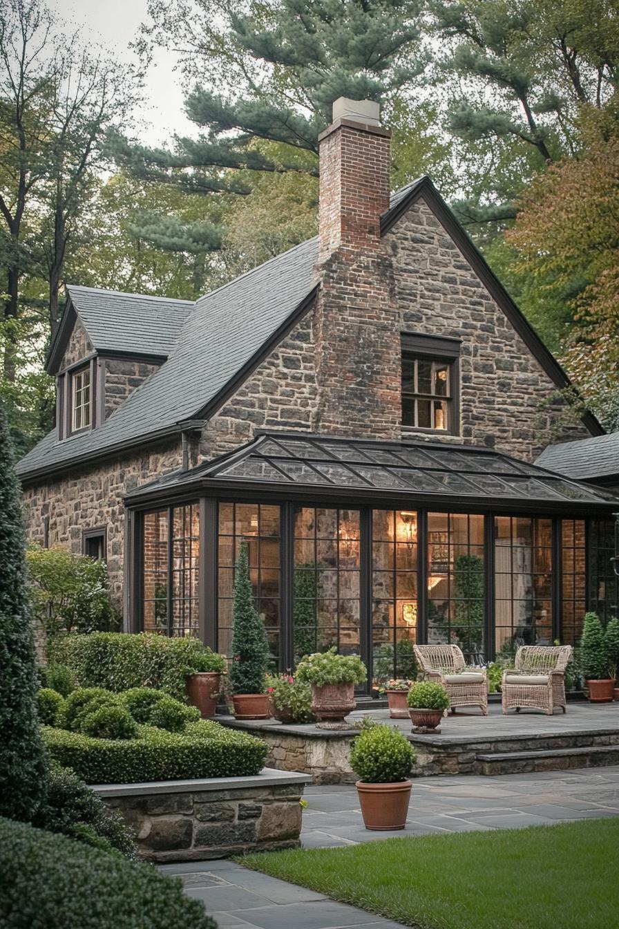 English cottage house brick facade in earthy tones with a chimney large glass enclosed porch with seating hardscape with stone fences shrubs and potted small trees 1