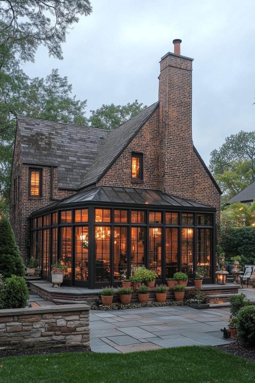 English cottage house brick facade in earthy tones with a chimney large glass enclosed porch with seating hardscape with stone fences shrubs and potted small trees 2