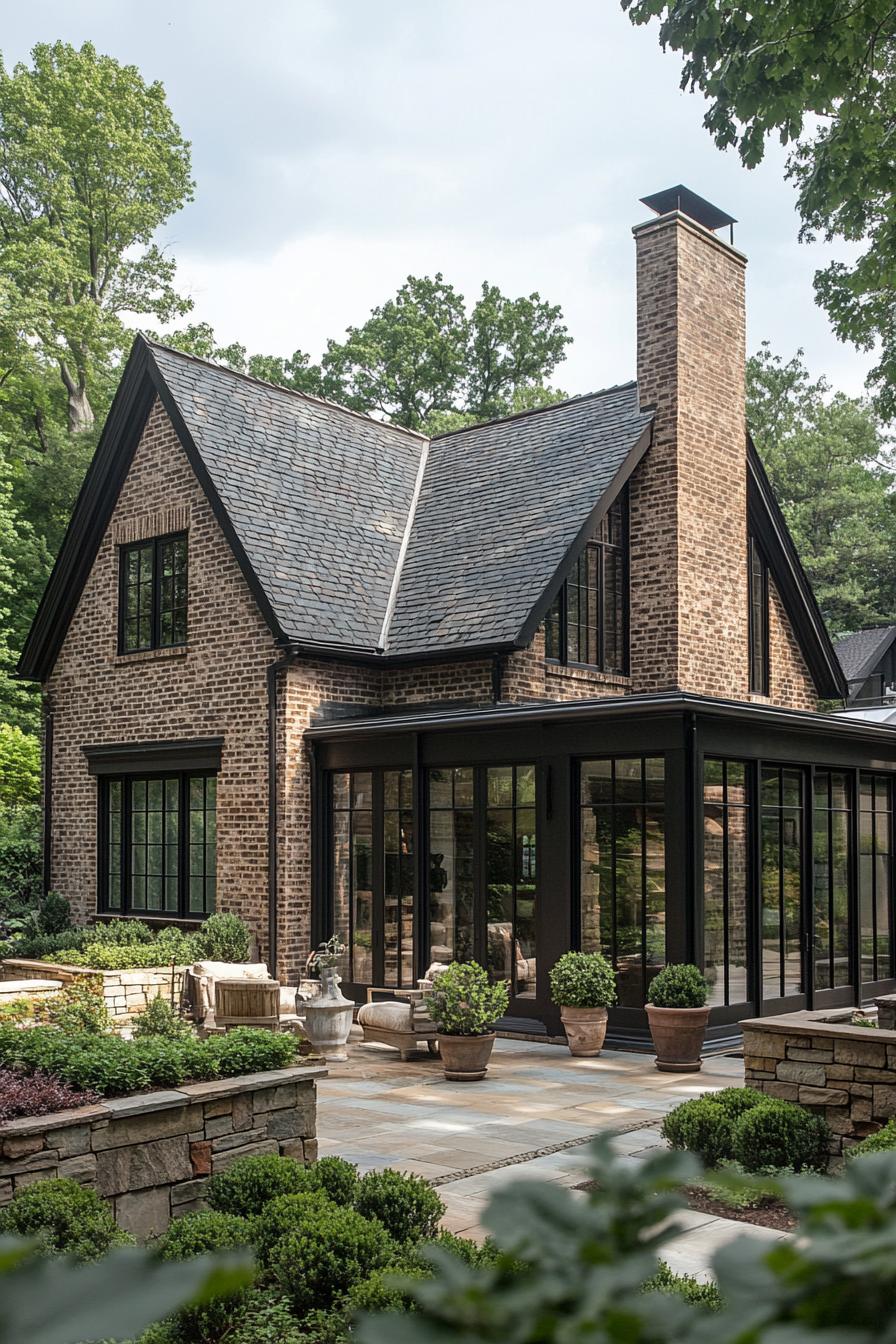 English cottage house brick facade in earthy tones with a chimney large glass enclosed porch with seating hardscape with stone fences shrubs and potted small trees 3