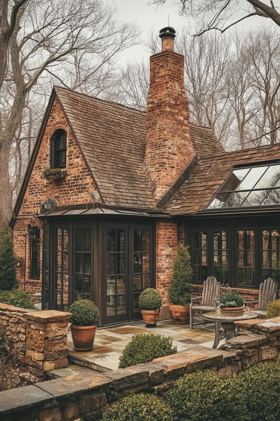 English cottage house brick facade in earthy tones with a chimney large glass enclosed porch with seating hardscape with stone fences shrubs and potted small trees