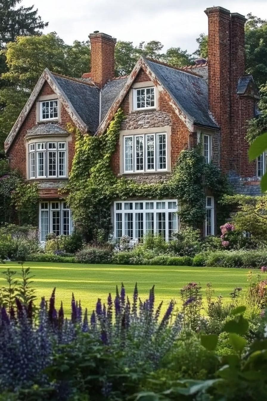 English country brick mansion house with multi pitched roof chimney bay windows in white trim lush garden with lawn and native plants with flowers 1