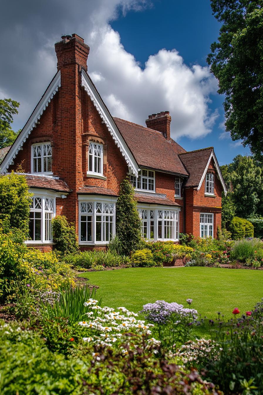 English country brick mansion house with multi pitched roof chimney bay windows in white trim lush garden with lawn and native plants with flowers