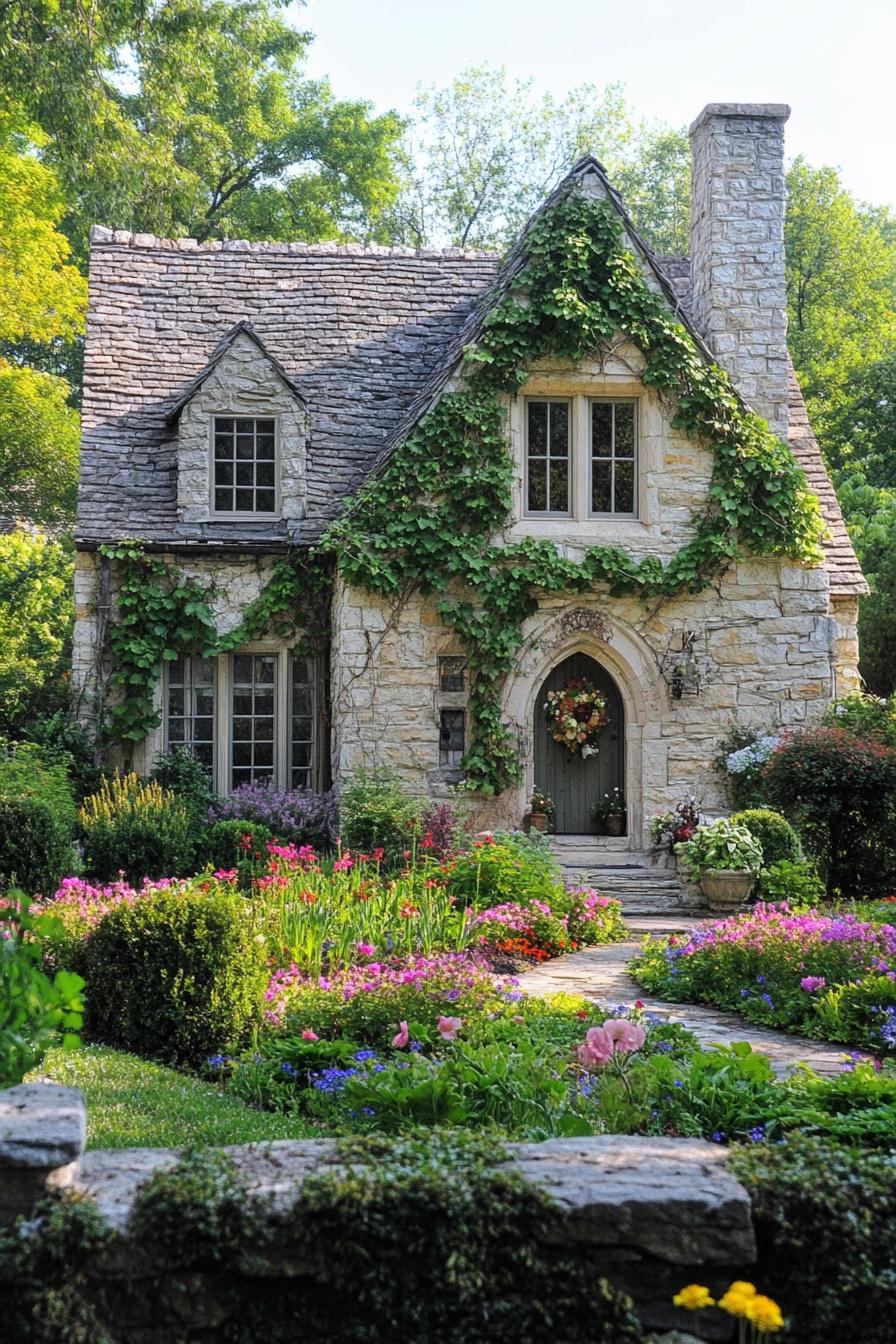 English country cottage with stone facade with climber vines roof gables stone fences front garden with wildflowers