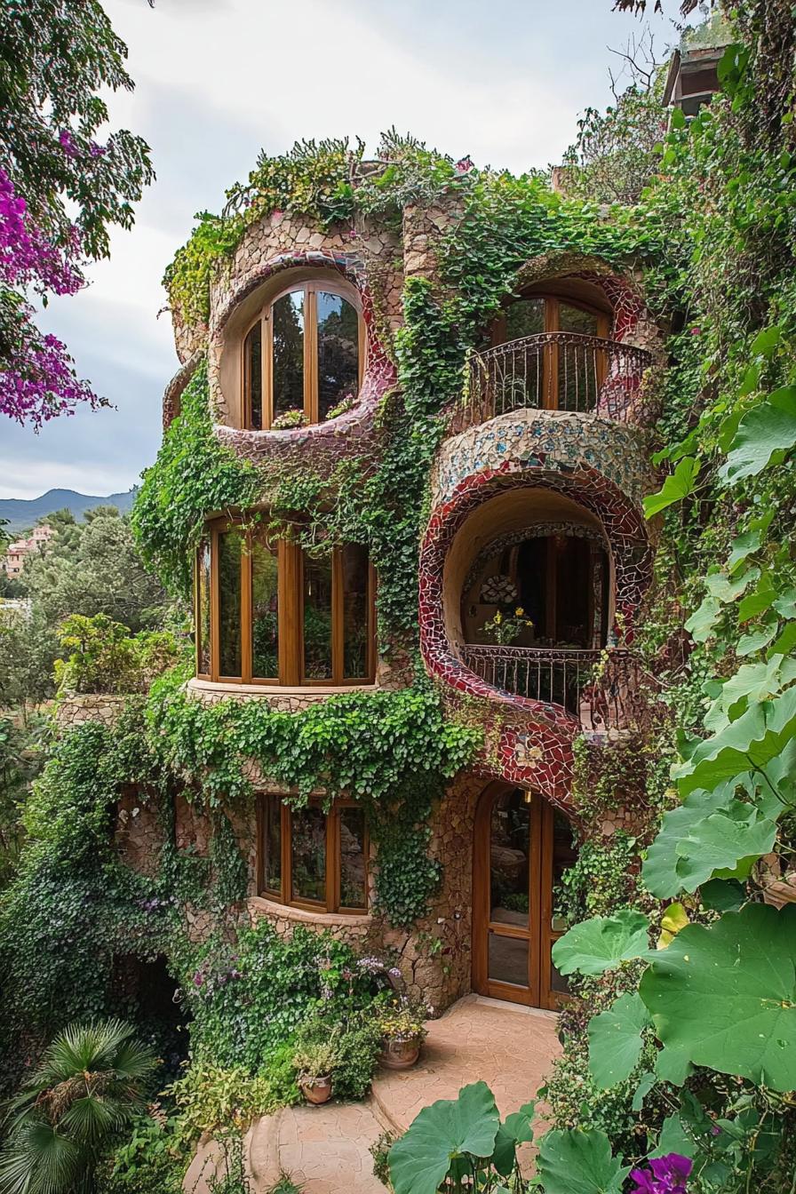 Gaudi style organic architecture house with lush multi terrace gardens