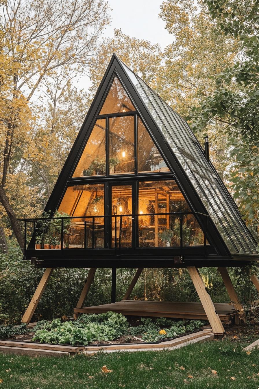 a modern a frame glass cabin with black metal frame a loft interior can is visible inside the cabin stands on thick wooden beam stilts theres a 1