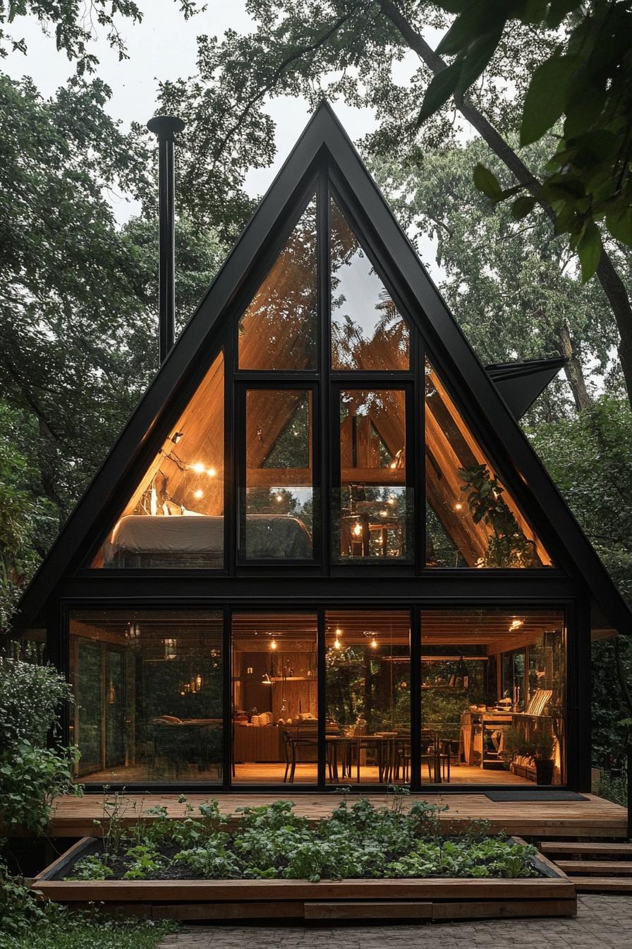 a modern a frame glass cabin with black metal frame a loft interior can is visible inside the cabin stands on thick wooden beam stilts theres a 2