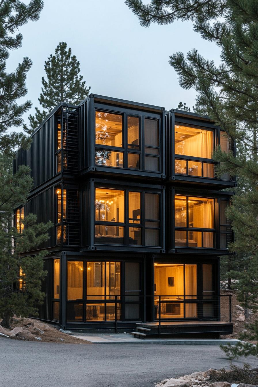 a three story modern container apartment building in black siding full glass walls surrounded with pine trees