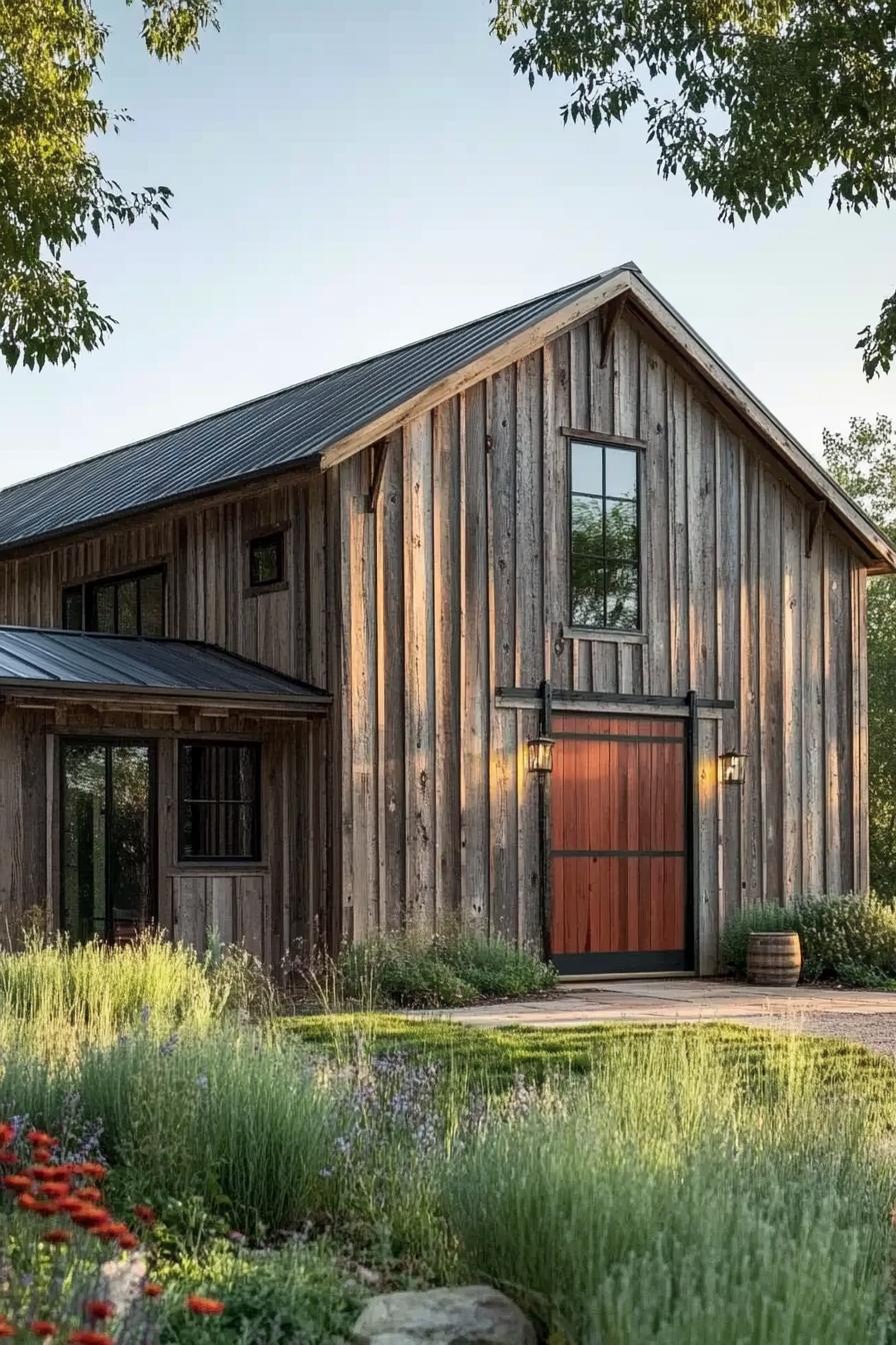 barn house facade with vertical reclaimed wood slats