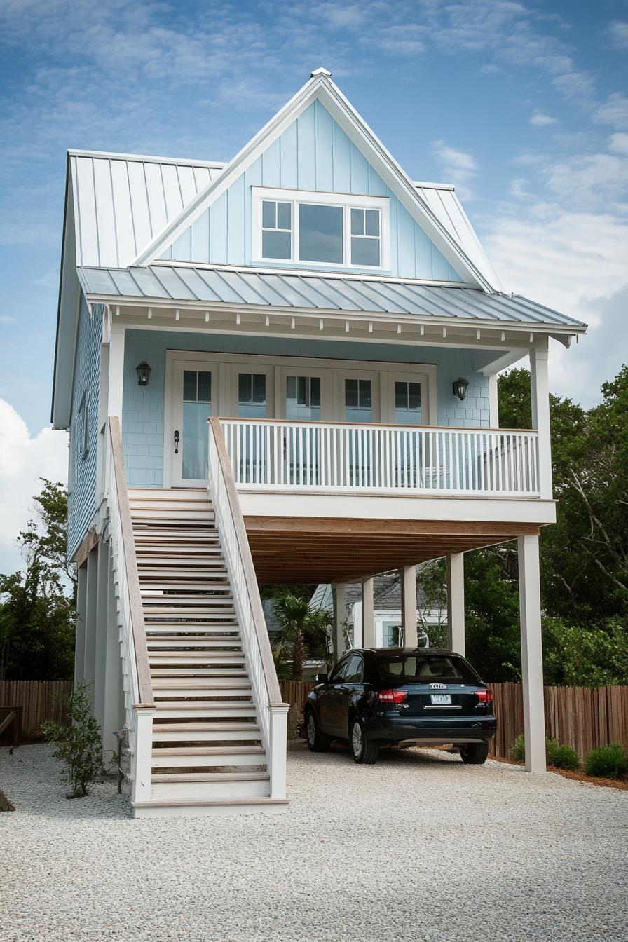 beach coastal house on stilts with baby blue clapboard siding gery metal roof stairs lead to the entry door porch under a roof it has balcony car