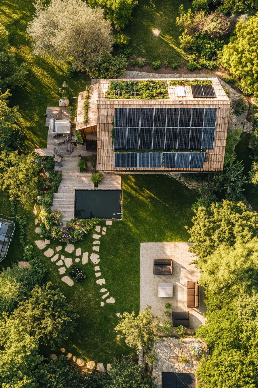 birds eye view of a homestead with a modern barn house with a gabled green living roof and solar panels theres a lush garden with trees and a