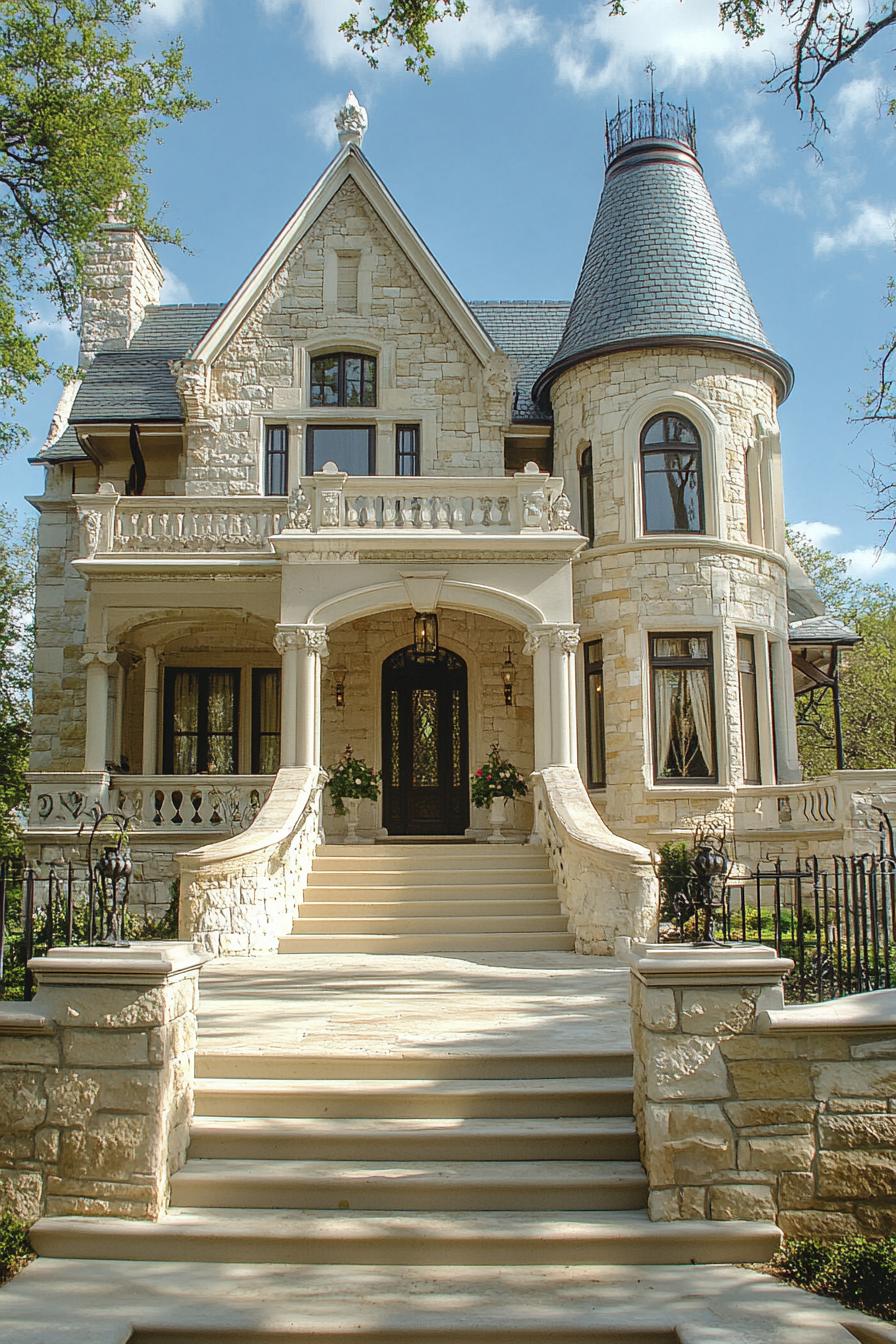 castle style fairytale house with turrets columns french style decorative white trim porch with steps and railings stone fencing in front 1