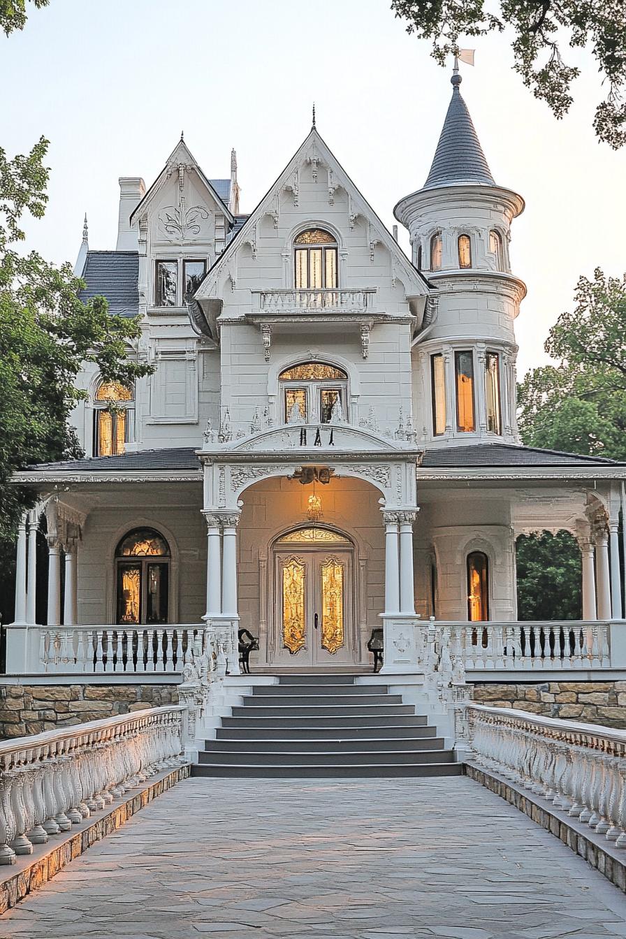 castle style fairytale house with turrets columns french style decorative white trim porch with steps and railings stone fencing in front 2