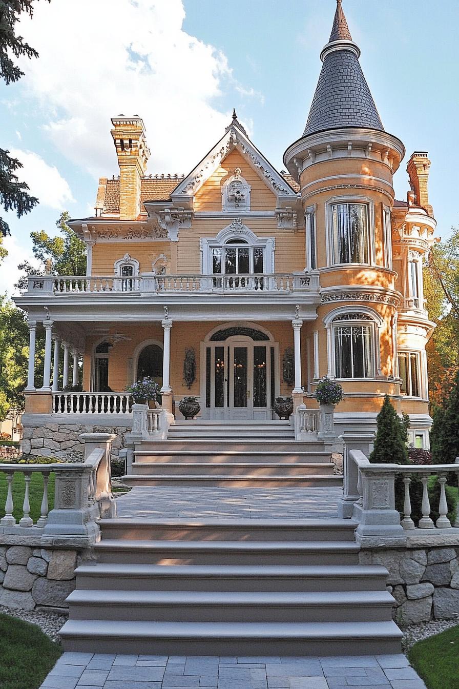 castle style fairytale house with turrets columns french style decorative white trim porch with steps and railings stone fencing in front 3