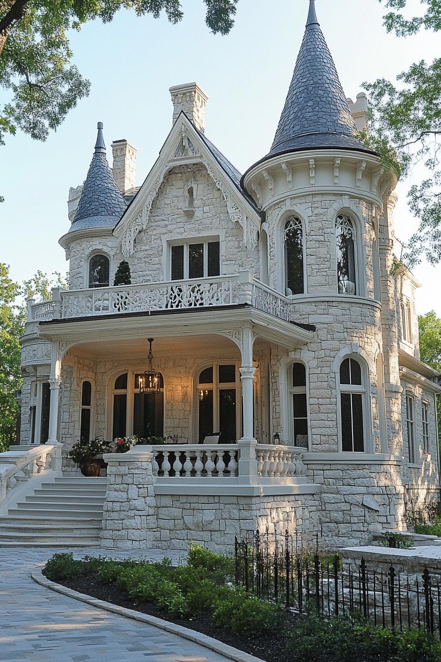 castle style fairytale house with turrets columns french style decorative white trim porch with steps and railings stone fencing in front