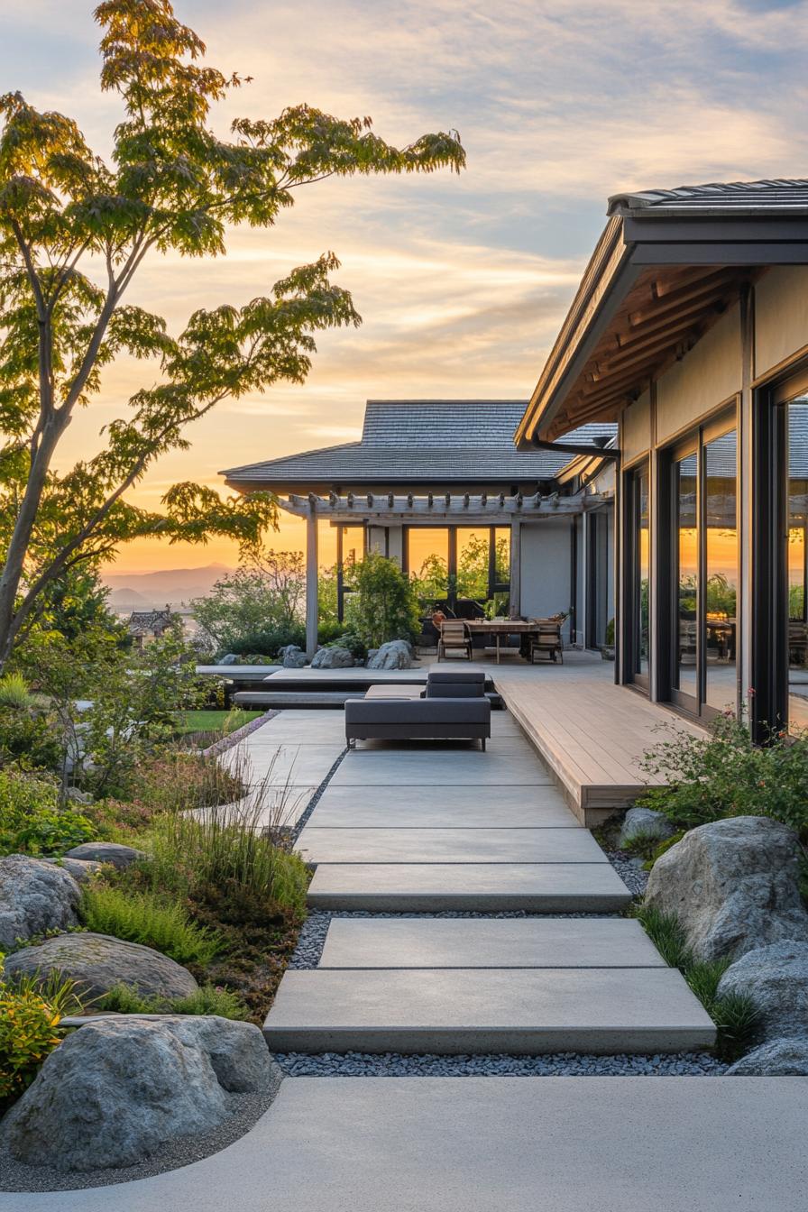 chinese inner courtyard with concrete deck and path rocks and native plants tree in the corner the house has chinese curved slope with barrel grey 1