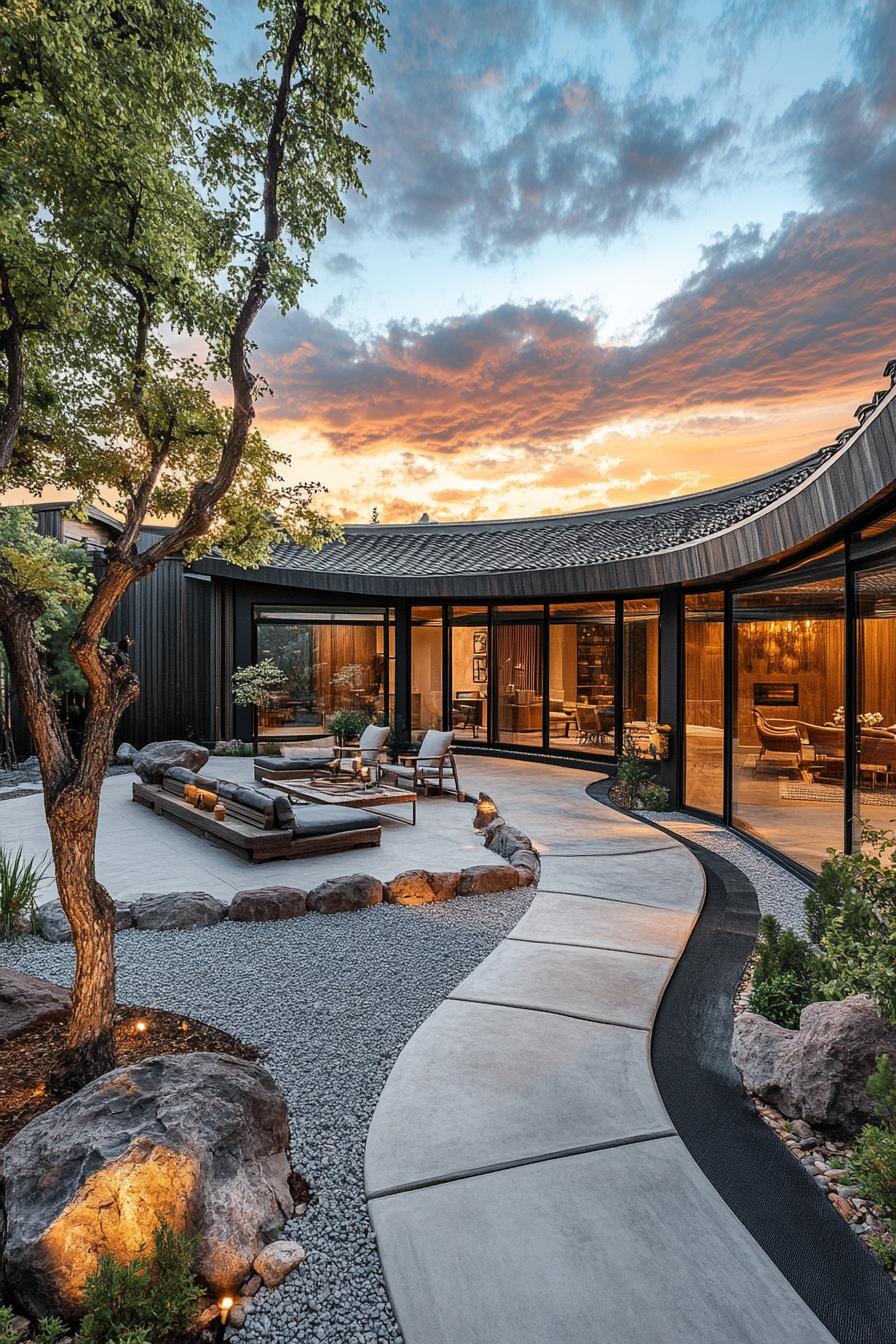 chinese inner courtyard with concrete deck and path rocks and native plants tree in the corner the house has chinese curved slope with barrel grey 2