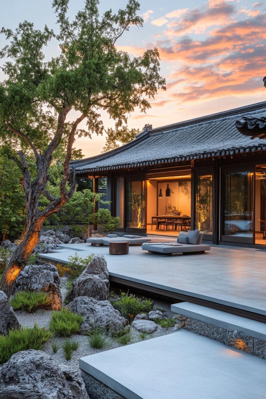 chinese inner courtyard with concrete deck and path rocks and native plants tree in the corner the house has chinese curved slope with barrel grey 3