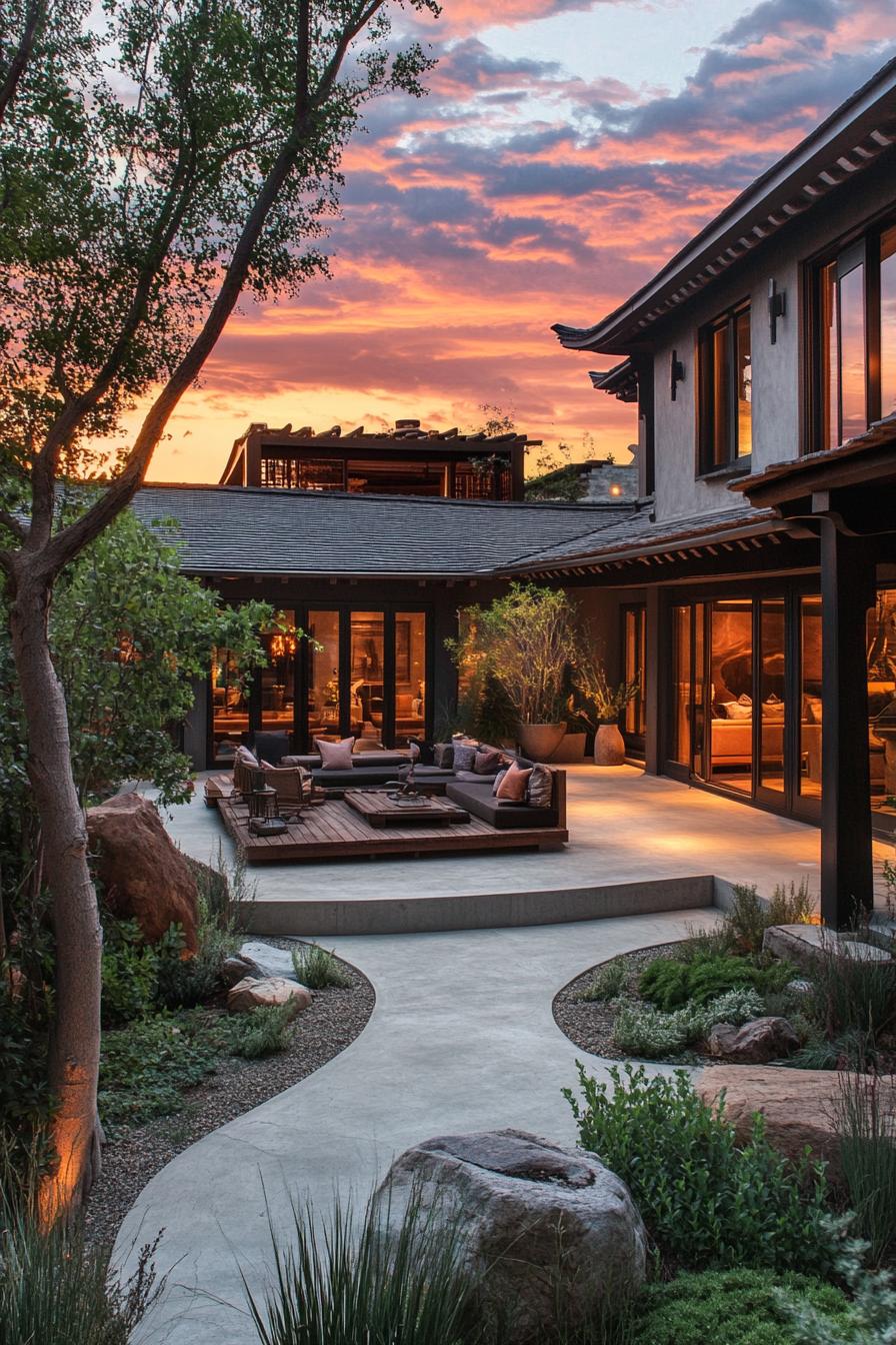 chinese inner courtyard with concrete deck and path rocks and native plants tree in the corner the house has chinese curved slope with barrel grey