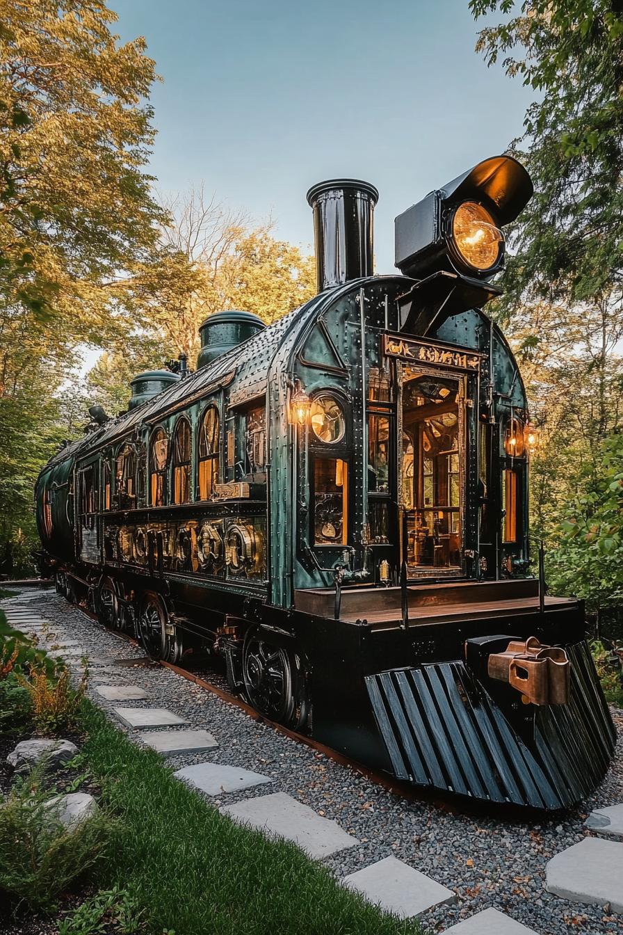 exterior of a home built in a vintage train locomotive 1