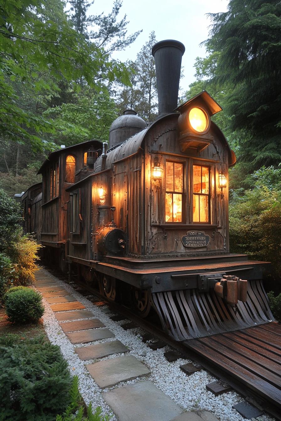 exterior of a home built in a vintage train locomotive 2