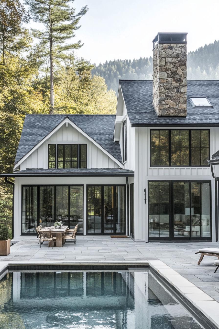 farmhouse style mountain house with white board and batten siding black trimmed glass windows and large doors stone chimney courtyard with small 1